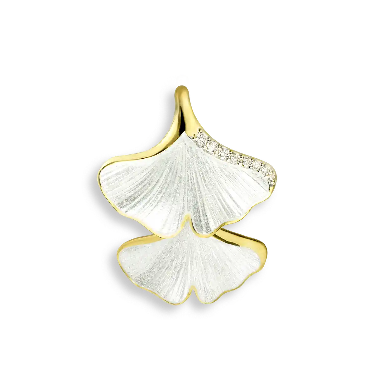 Silver.Gold Plated White Ginkgo 2-Leaf Pendant. -Diamond