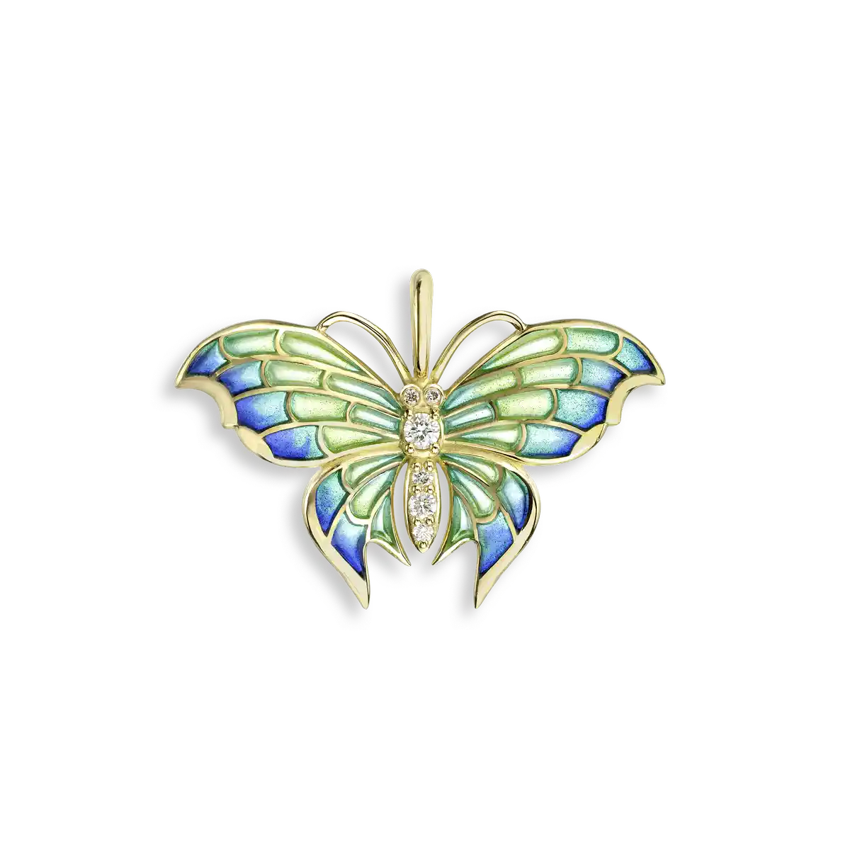 Silver.Gold Plated  Blue Plique-a-Jour Butterfly Pendant-Diamonds
