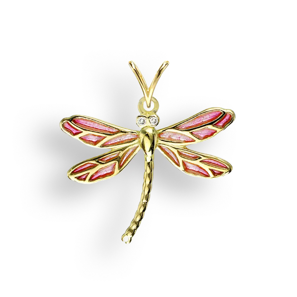 Pink Plique-a-Jour Dragonfly Pendant. 18K -Diamond 