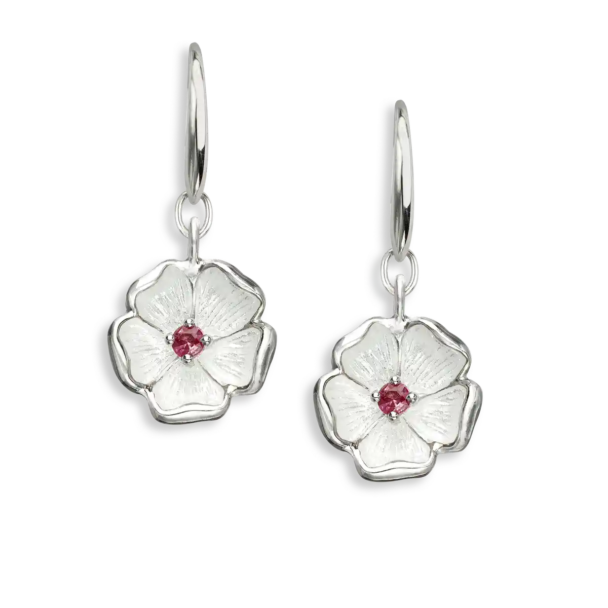 White Cherokee Rose Wire Earrings. Sterling Silver-Ruby