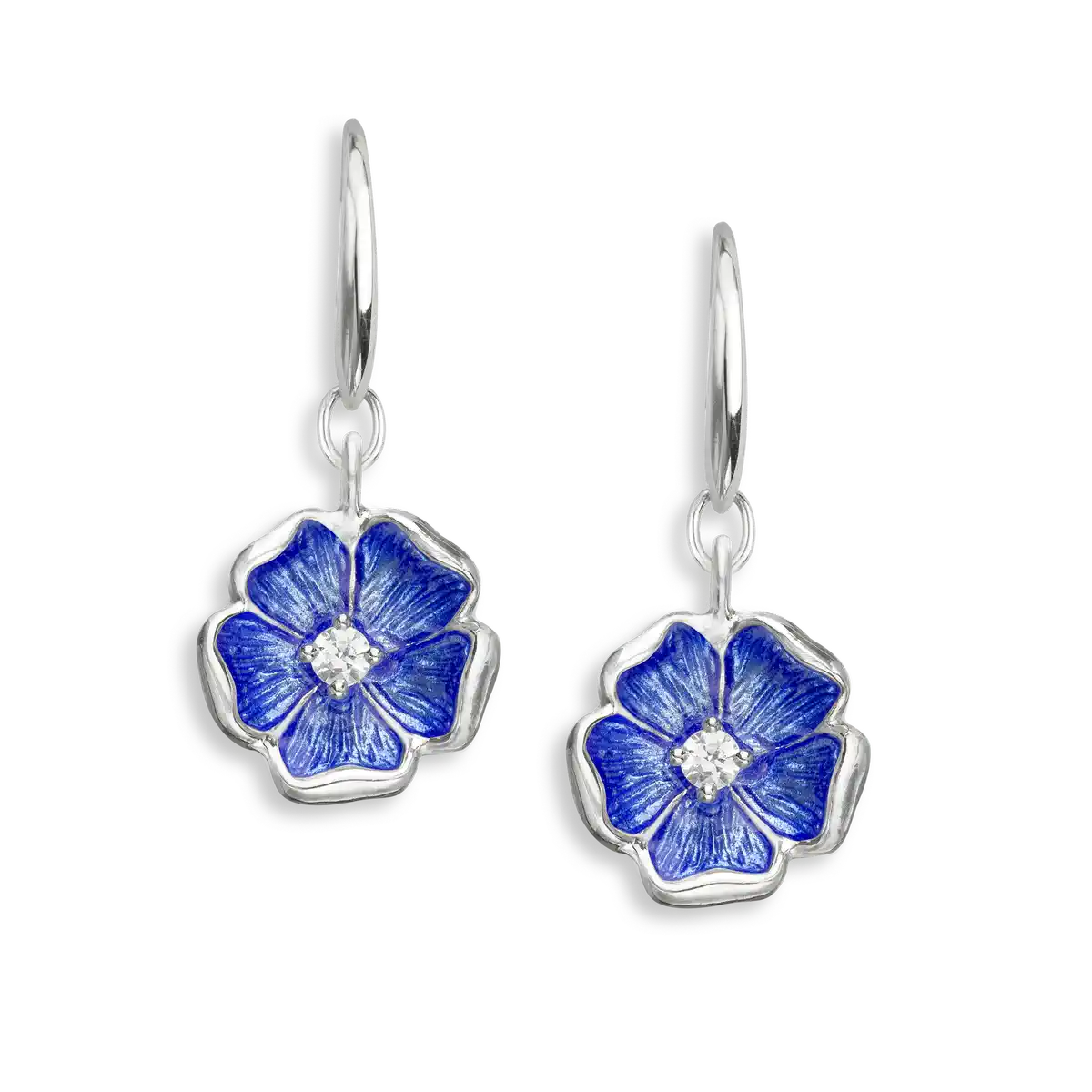 Blue Cherokee Rose Wire Earrings. Sterling Silver-White Sapphire
