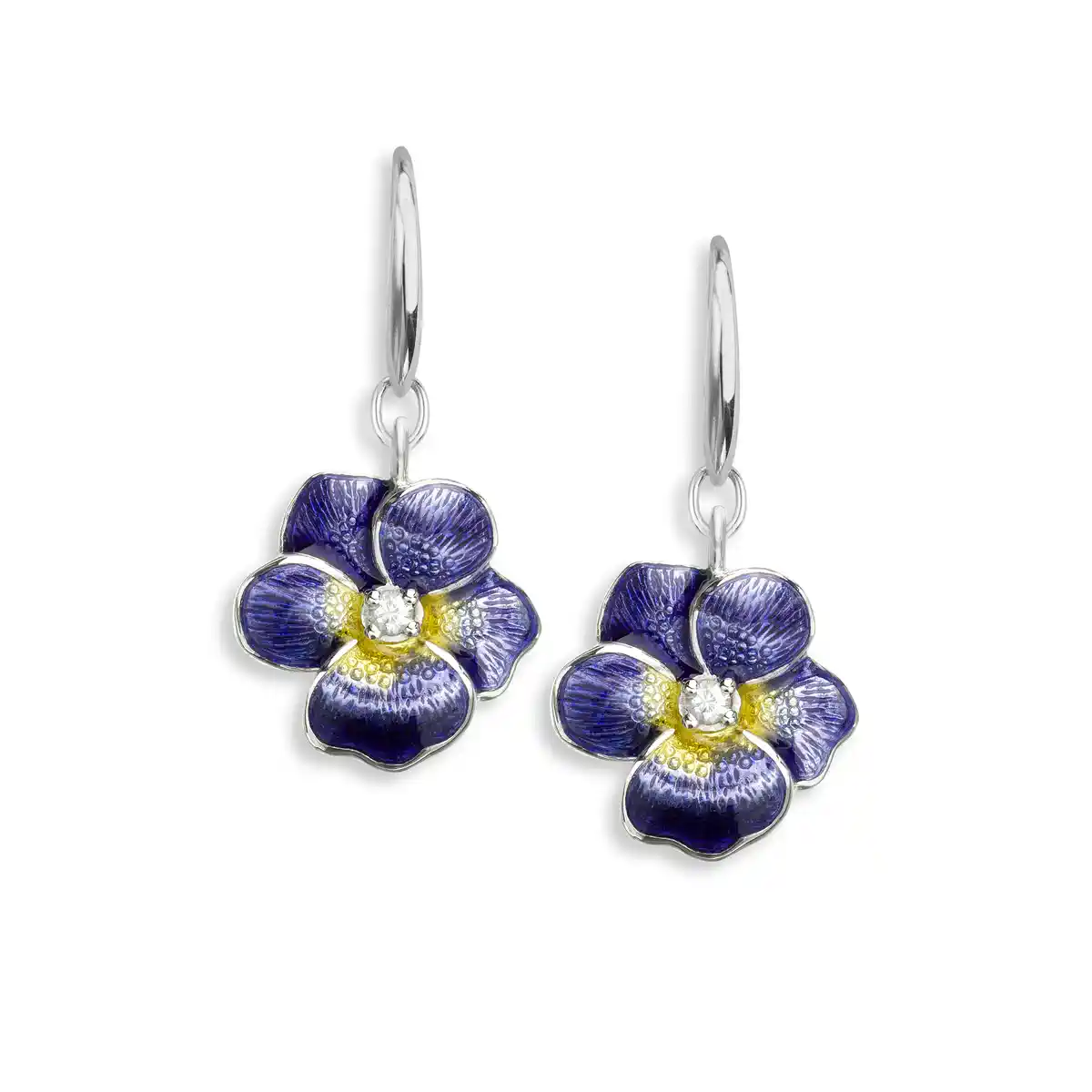 Purple Pansy Wire Earrings. Sterling Silver-White Sapphire