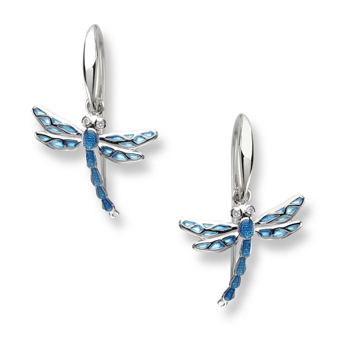Blue Plique-a-Jour Dragonfly Wire Earrings. Sterling Silver-White Sapphires 