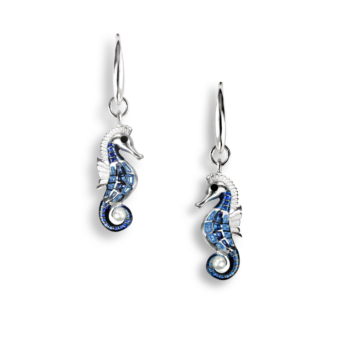 Blue Plique-a-Jour Seahorse Wire Earrings. Sterling Silver-Freshwater Pearls 