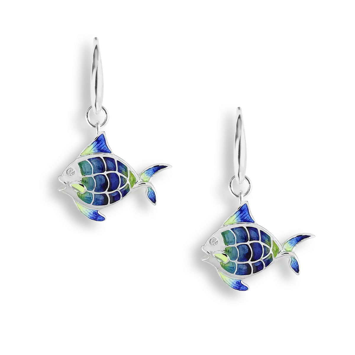 Blue Plique-a-Jour Angel Fish Wire Earrings. Sterling Silver-White Sapphires  