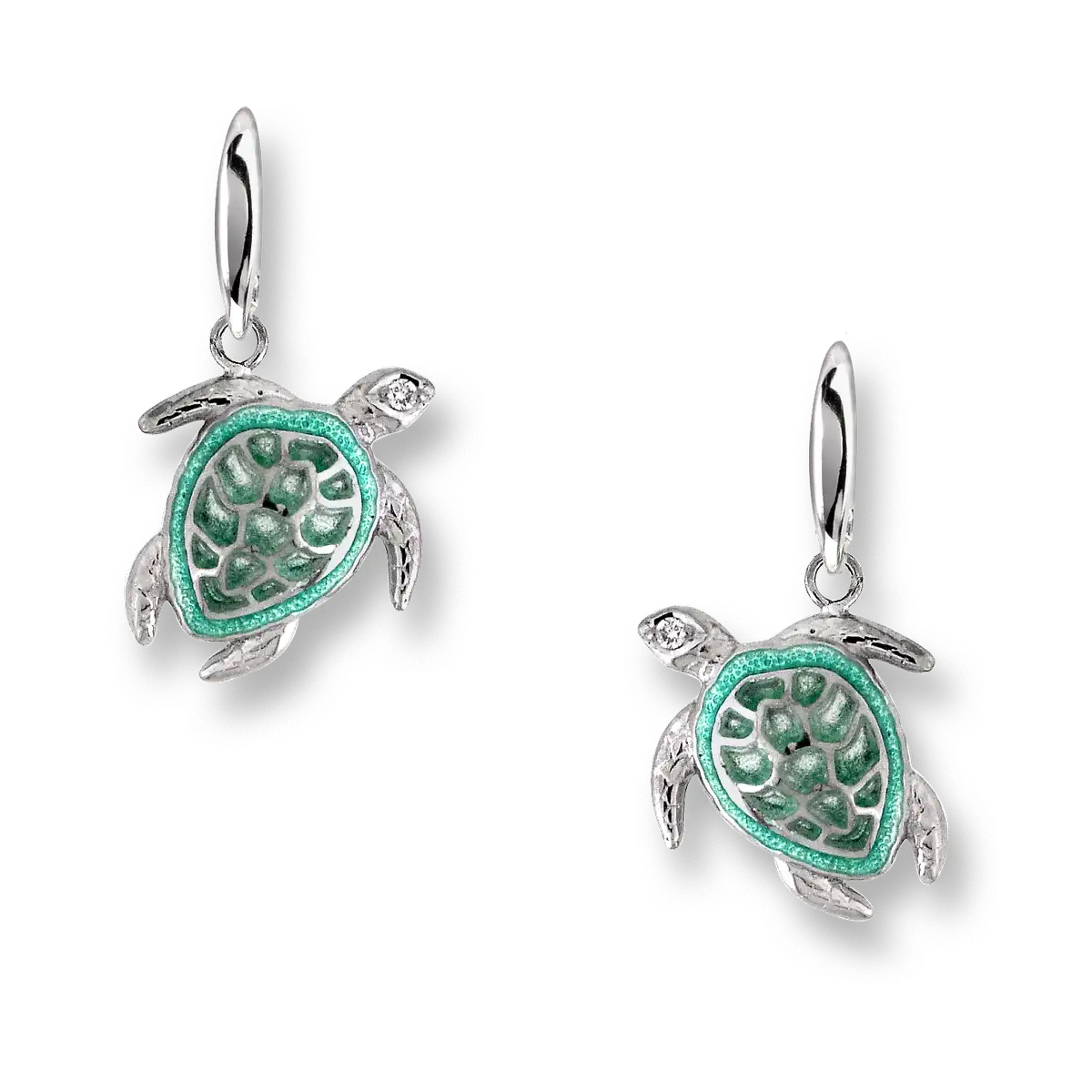 Green Plique-a-Jour Turtle Wire Earrings. Sterling Silver-White Sapphires