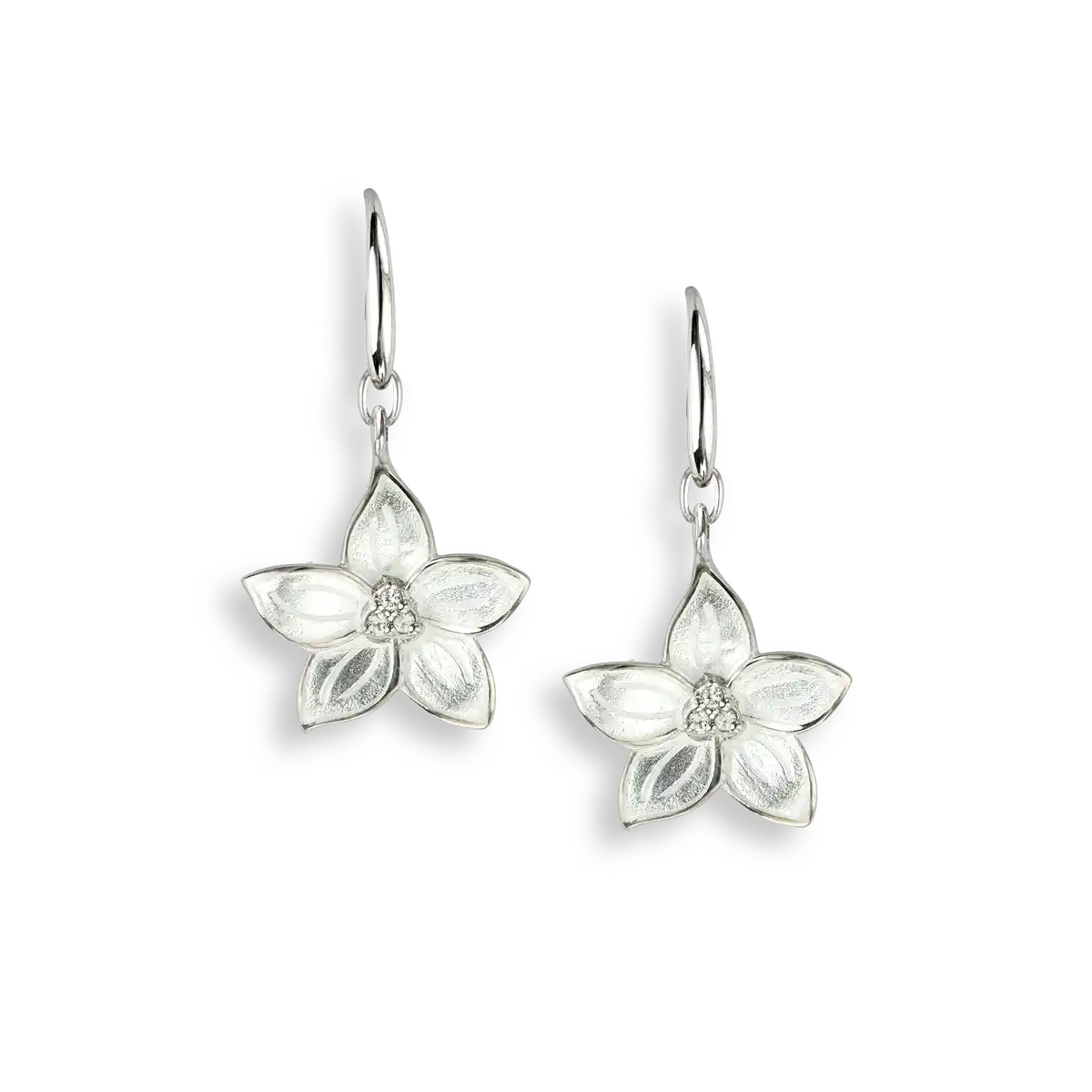 White Stephanotis Wire Earrings. Sterling Silver-White Sapphires
