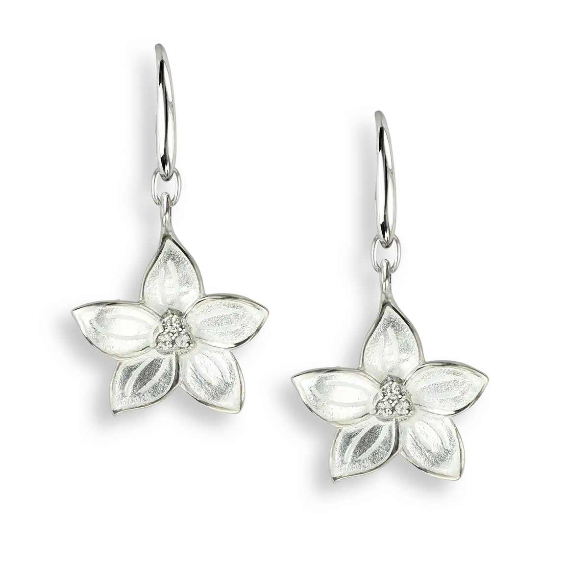 White Stephanotis Wire Earrings. Sterling Silver-White Sapphires