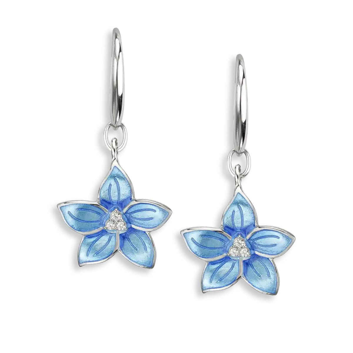 Blue Flower Wire Earrings-White Sapphires. Sterling Silver