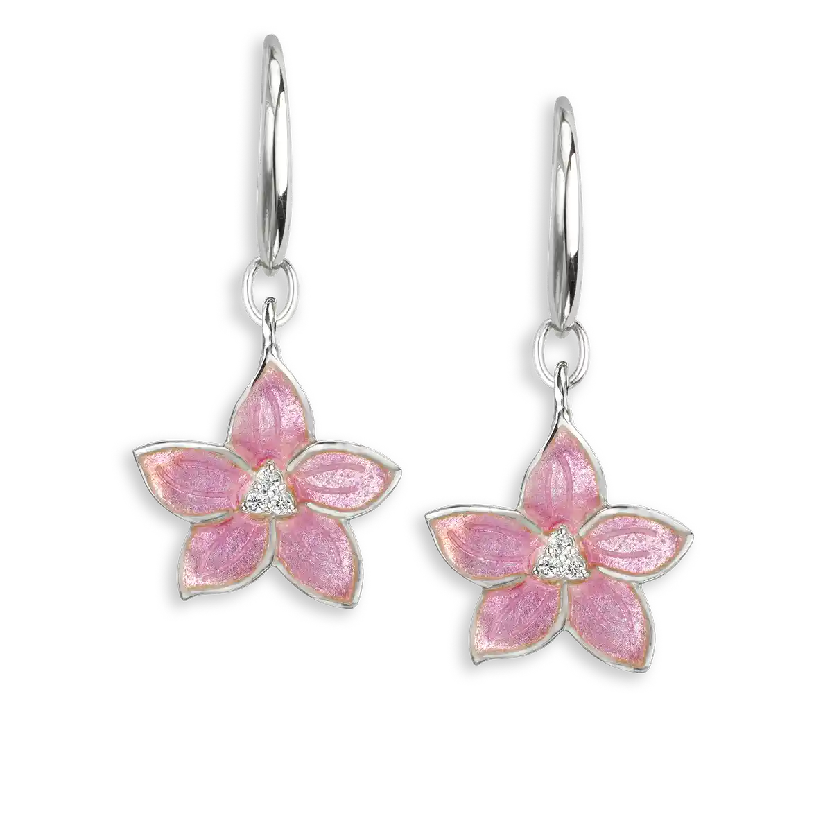 Pink Flower Wire Earrings-White Sapphires. Sterling Silver