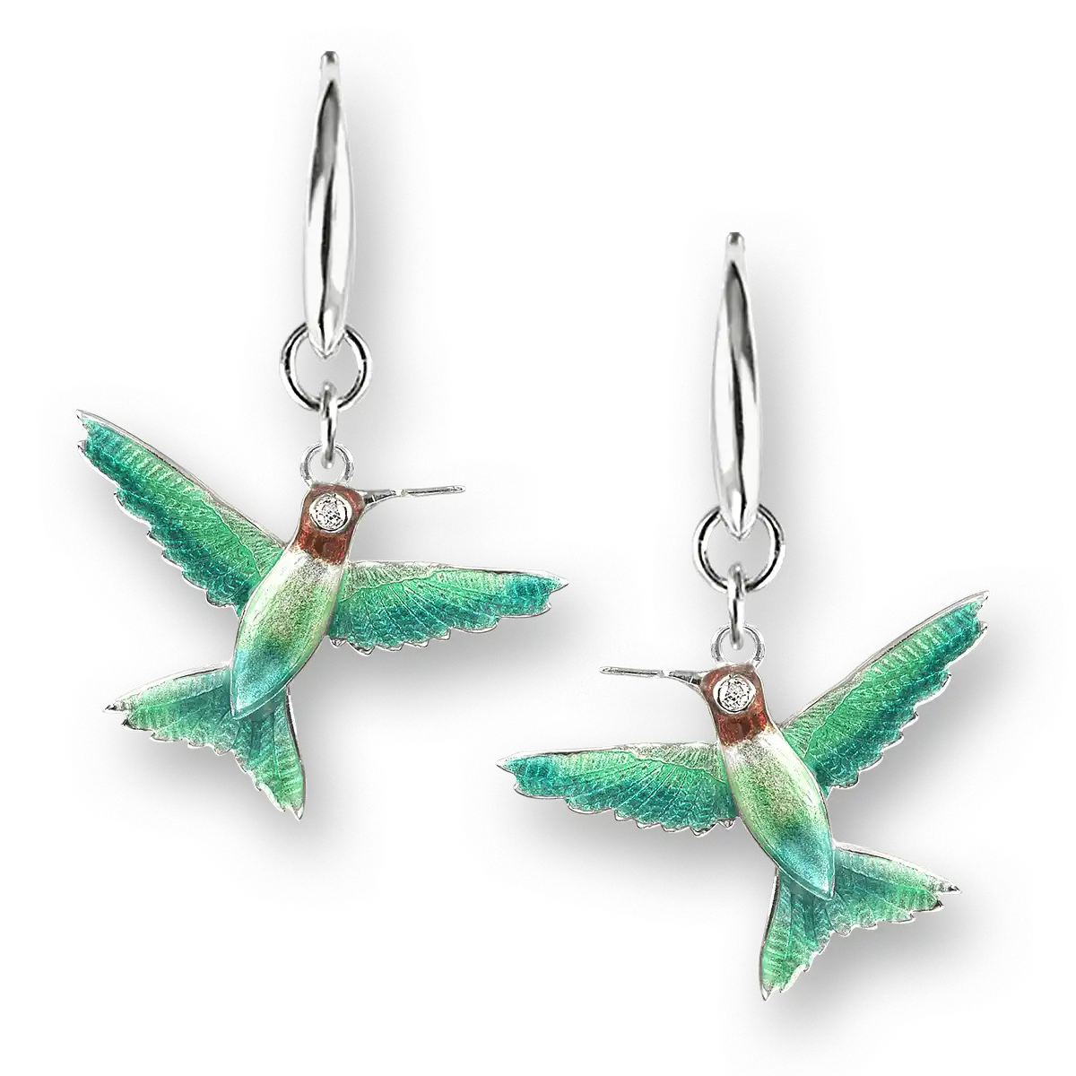 Green Hummingbird Wire Earrings. Sterling Silver-White Sapphires