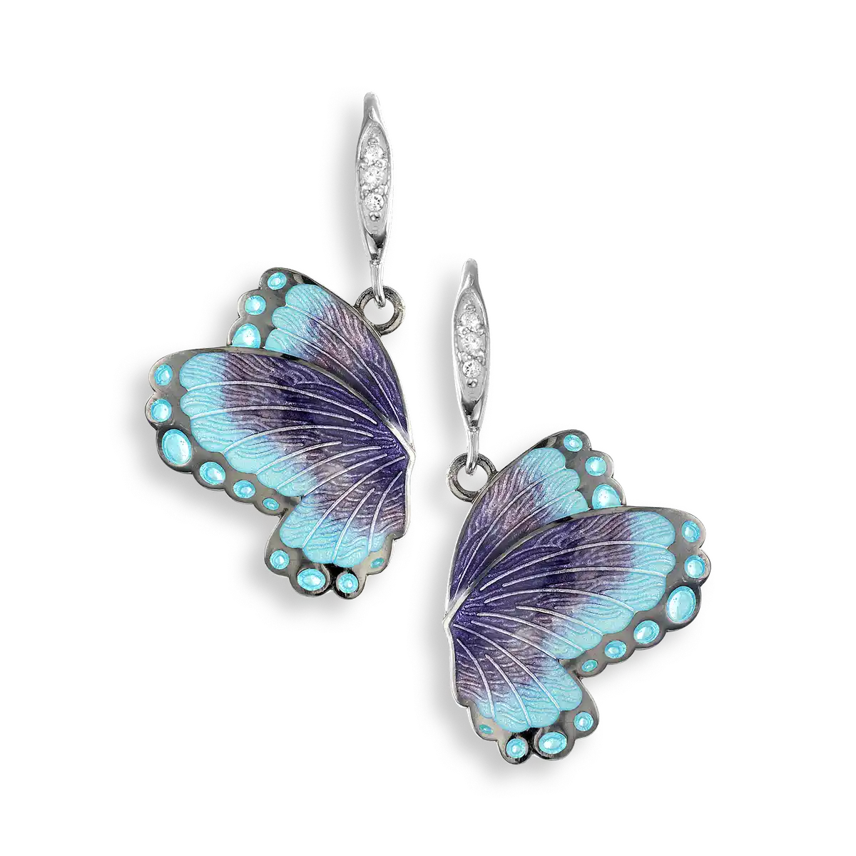 Blue Butterfly Wire Earrings.Black Rhoidum Plated Sterling Silver-White Sapphires