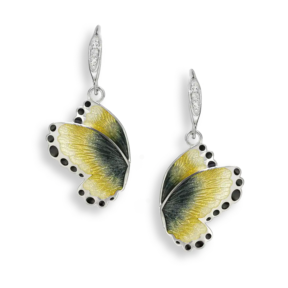 Yellow Silver Butterfly Wire Earrings. White Sapphires