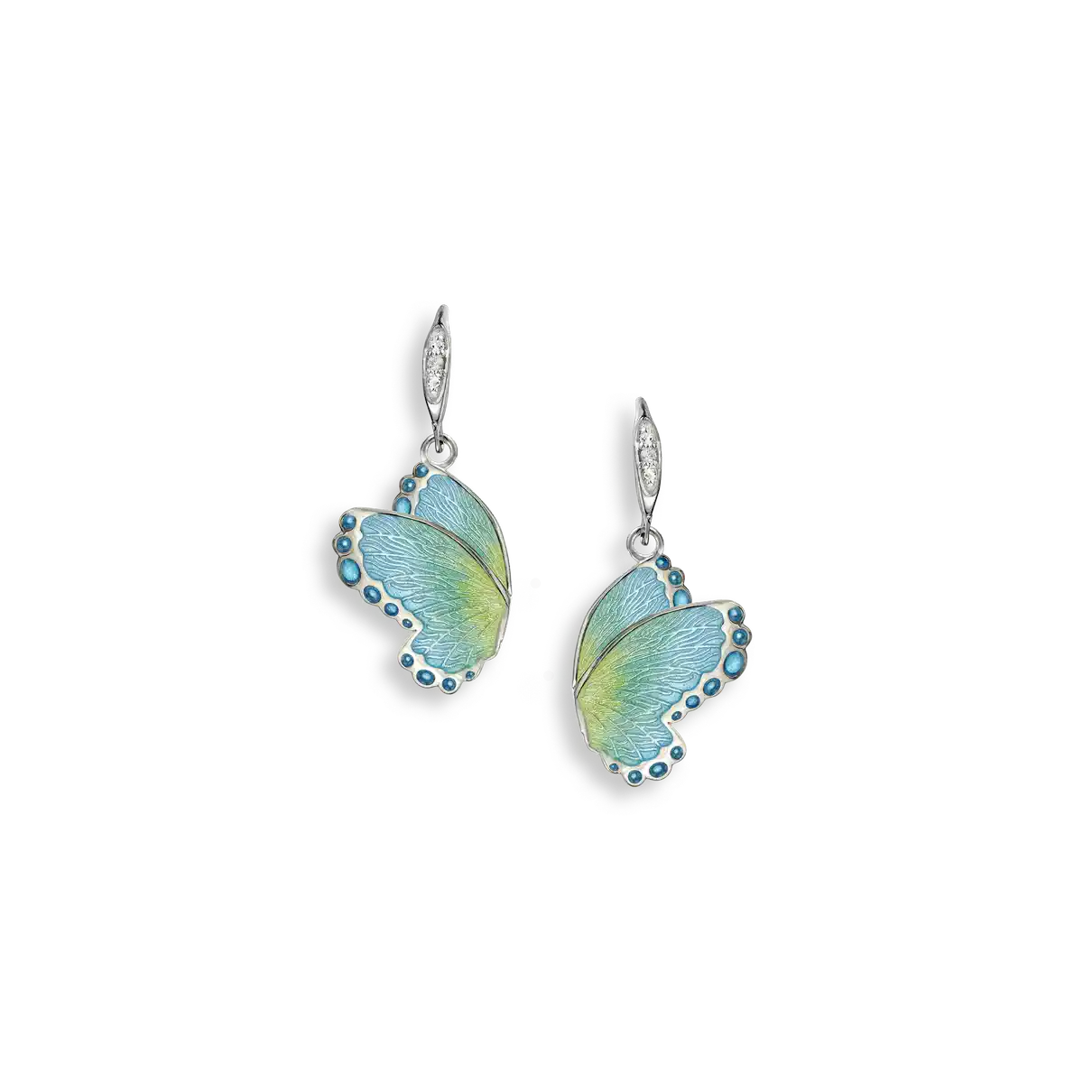 Blue and Yellow Butterfly Wire Earrings.White Sapphires.