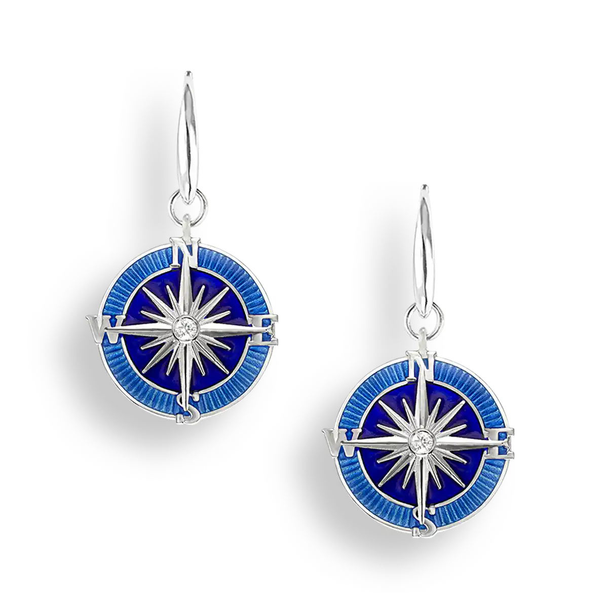 Blue Compass Rose Wire Earrings. Sterling Silver-White Sapphires