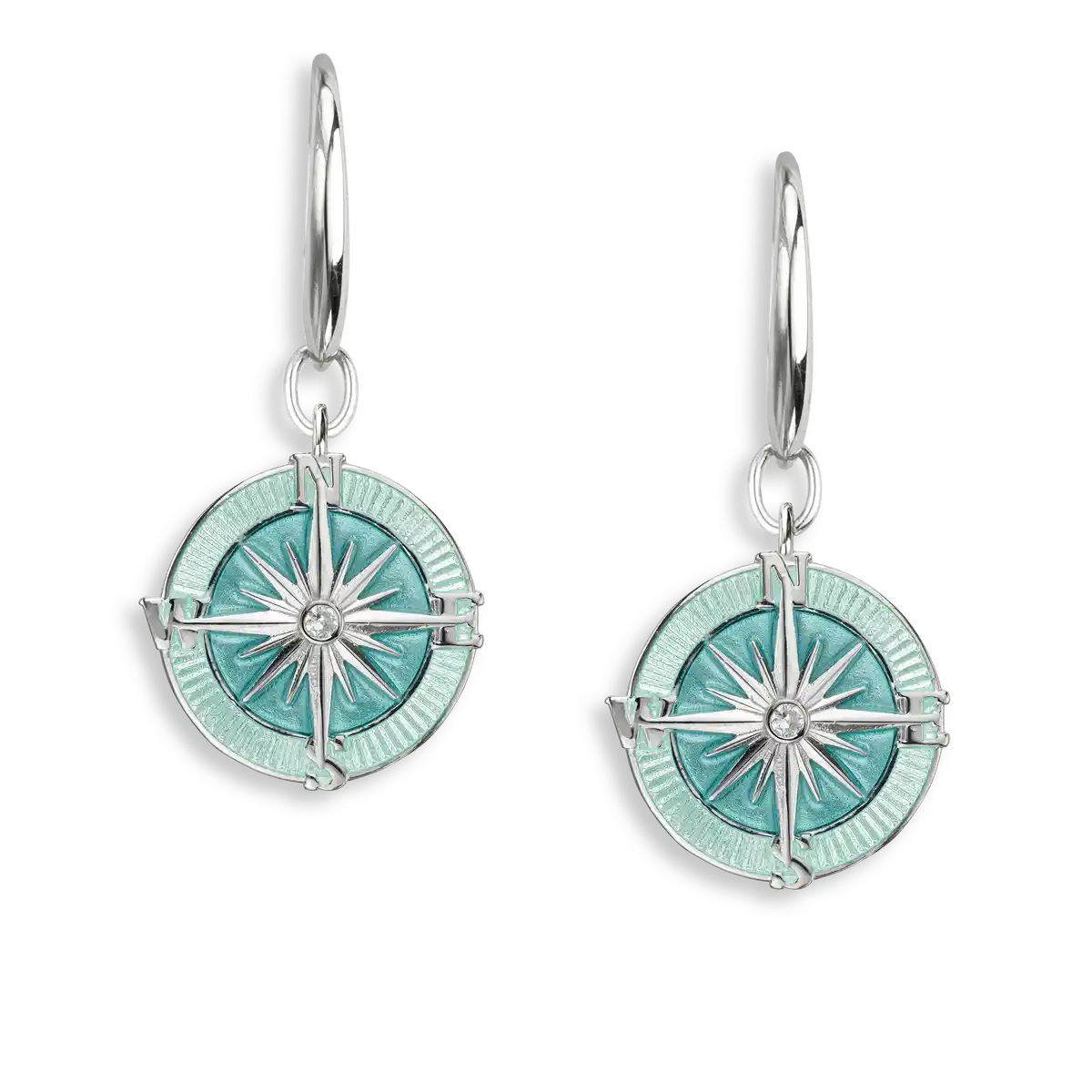 Sea Green Compass Rose Wire Earrings. Sterling Silver-White Sapphires