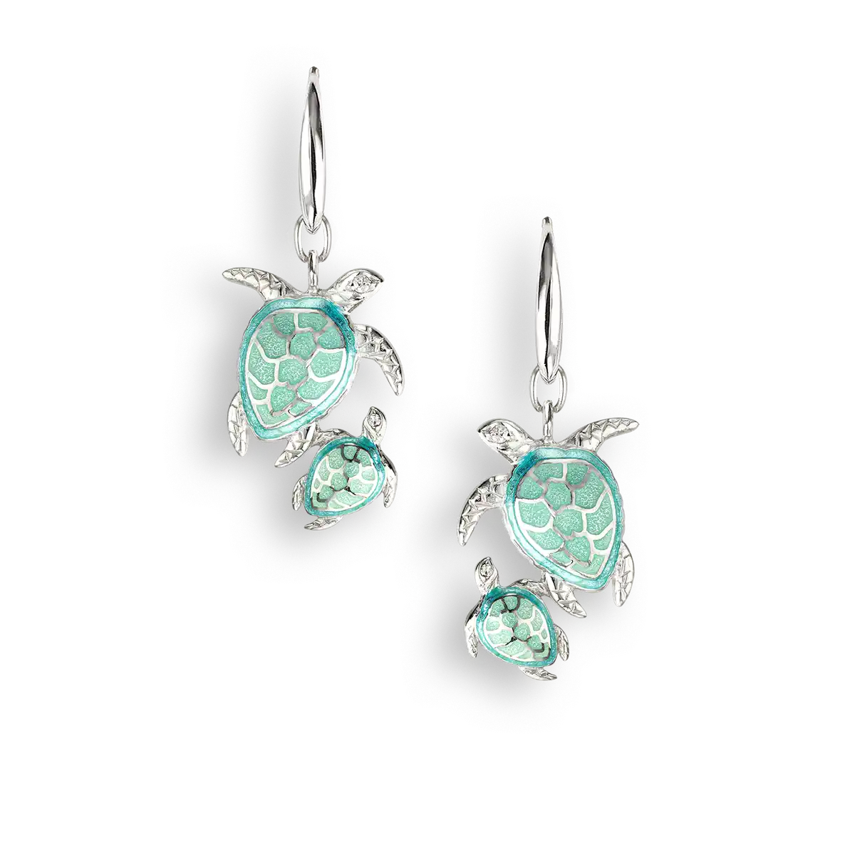 Green Turtle Wire Earrings. Sterling Silver-White Sapphires