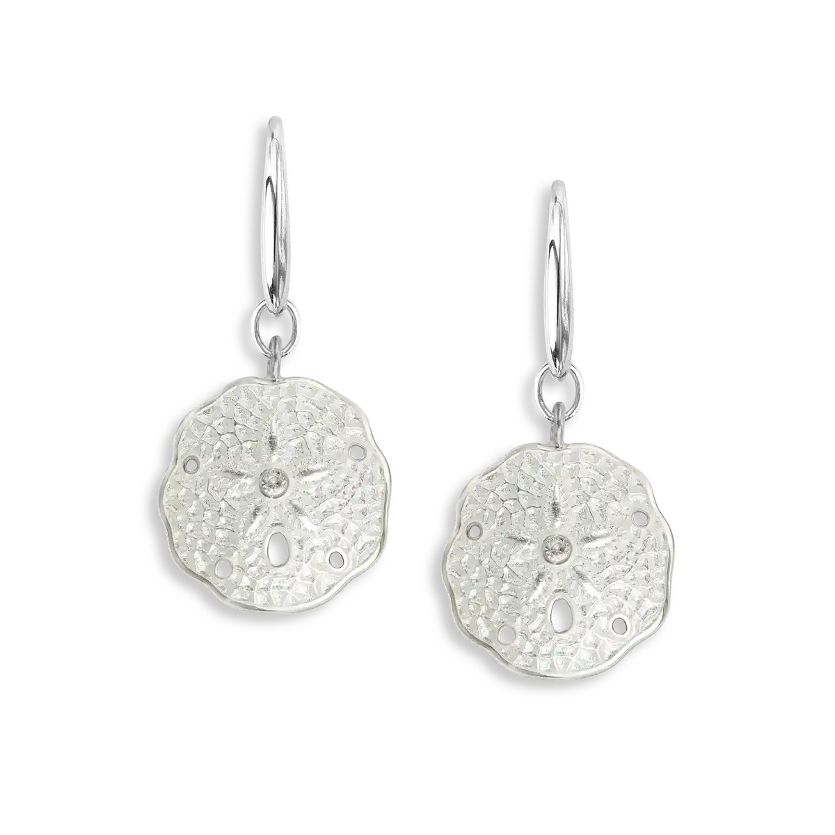 White Sand Dollar Sterling Silver Wire Earrings-White Sapphires