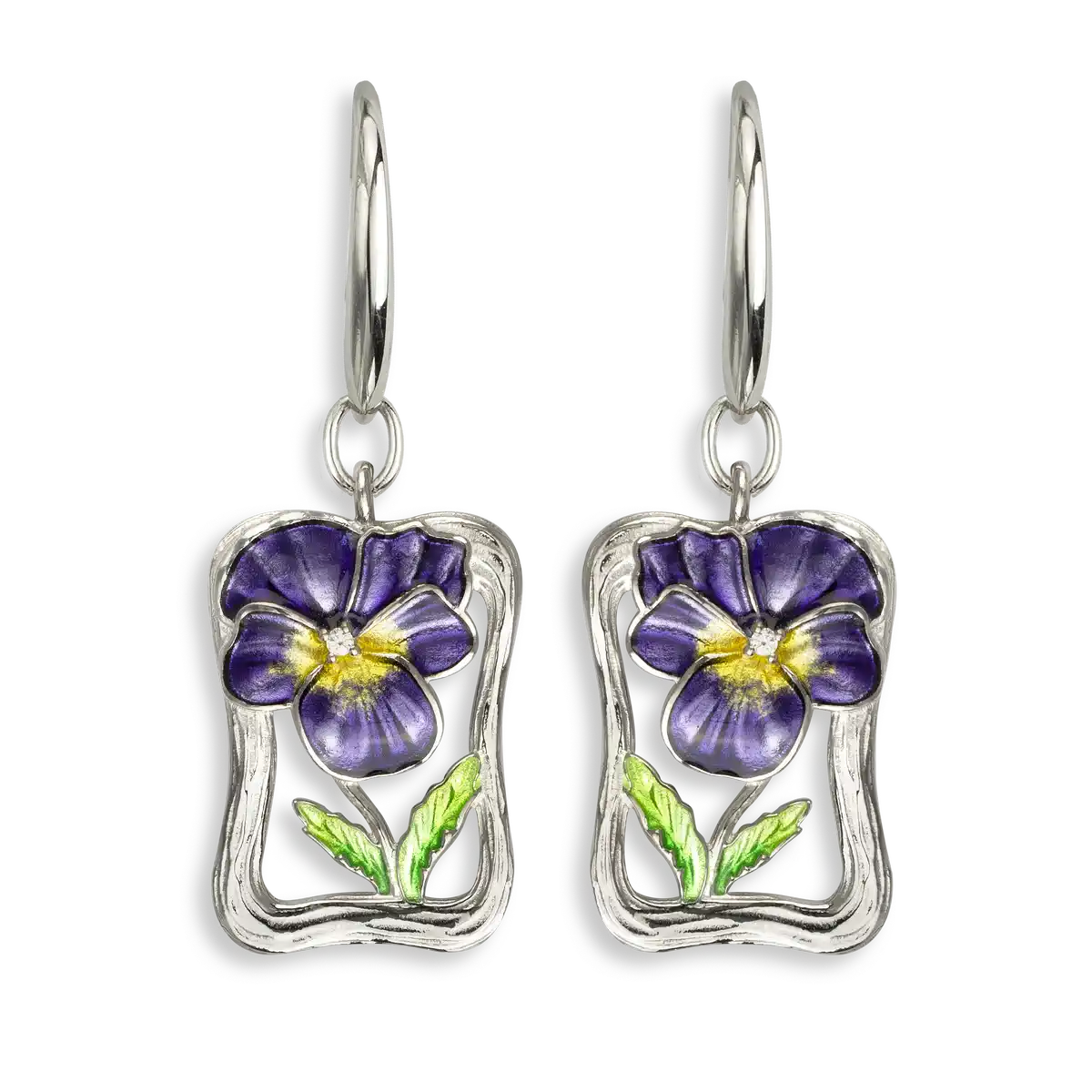 Purple Pansy Wire Earrings.  Sterling Silver-White Sapphires 