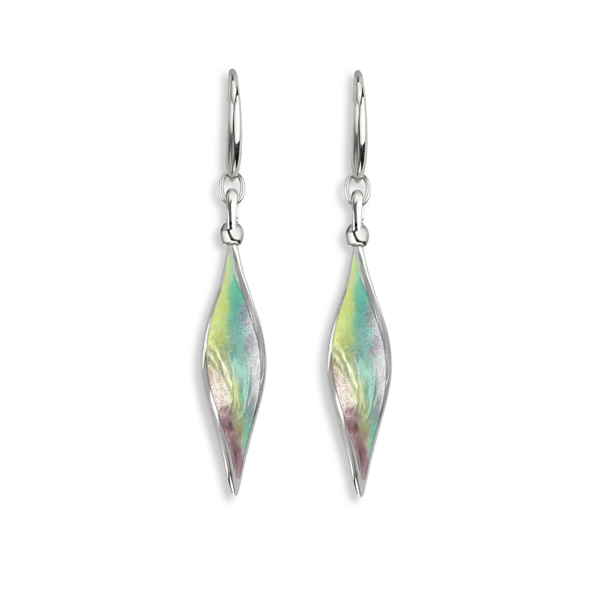 Green Color Aurora Elongated Marquise Twist Wire Earrings. Sterling Silver