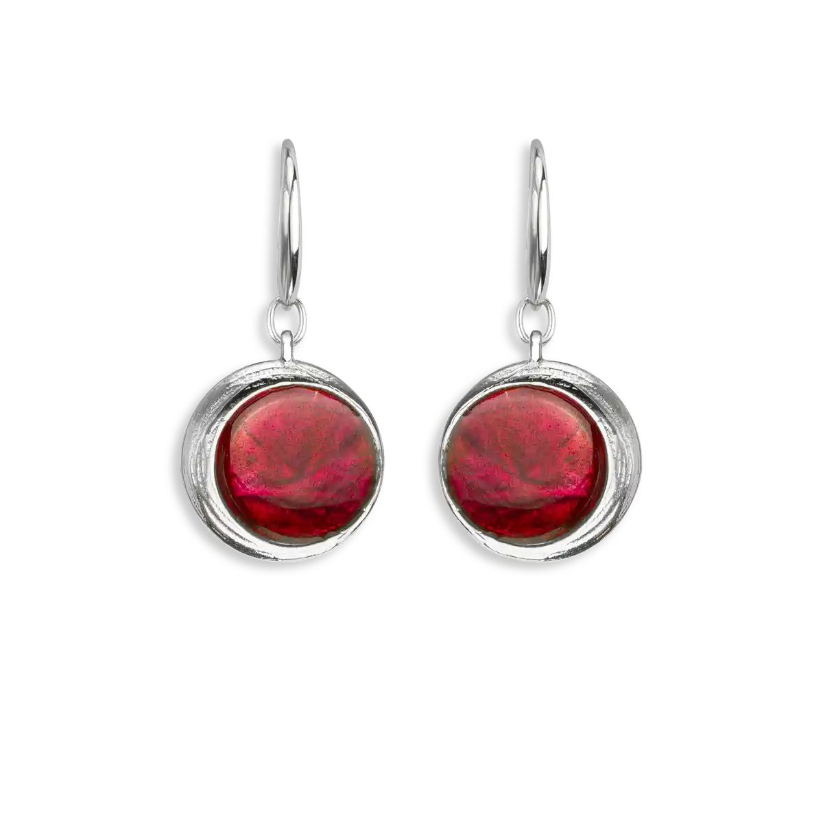 Red Round Wire Earrings. Sterling Silver