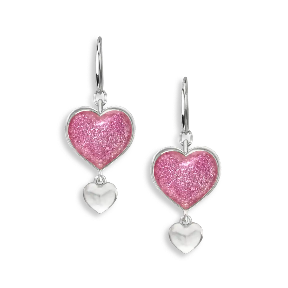 Pink Dangle Heart Wire Earrings.  Sterling Silver 