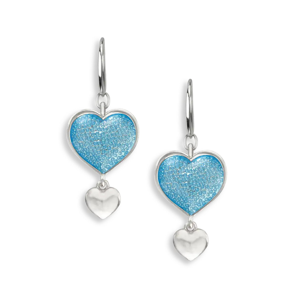Blue Dangle Heart Wire Earrings. Sterling Silver 