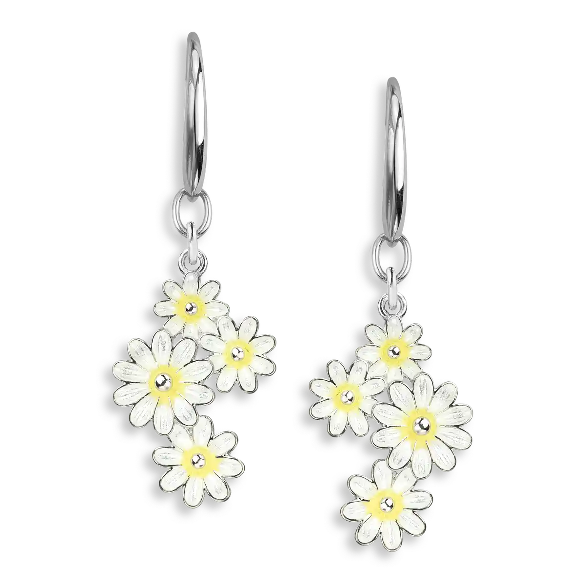 White Daisy Cluster Wire Earrings. Sterling Silver