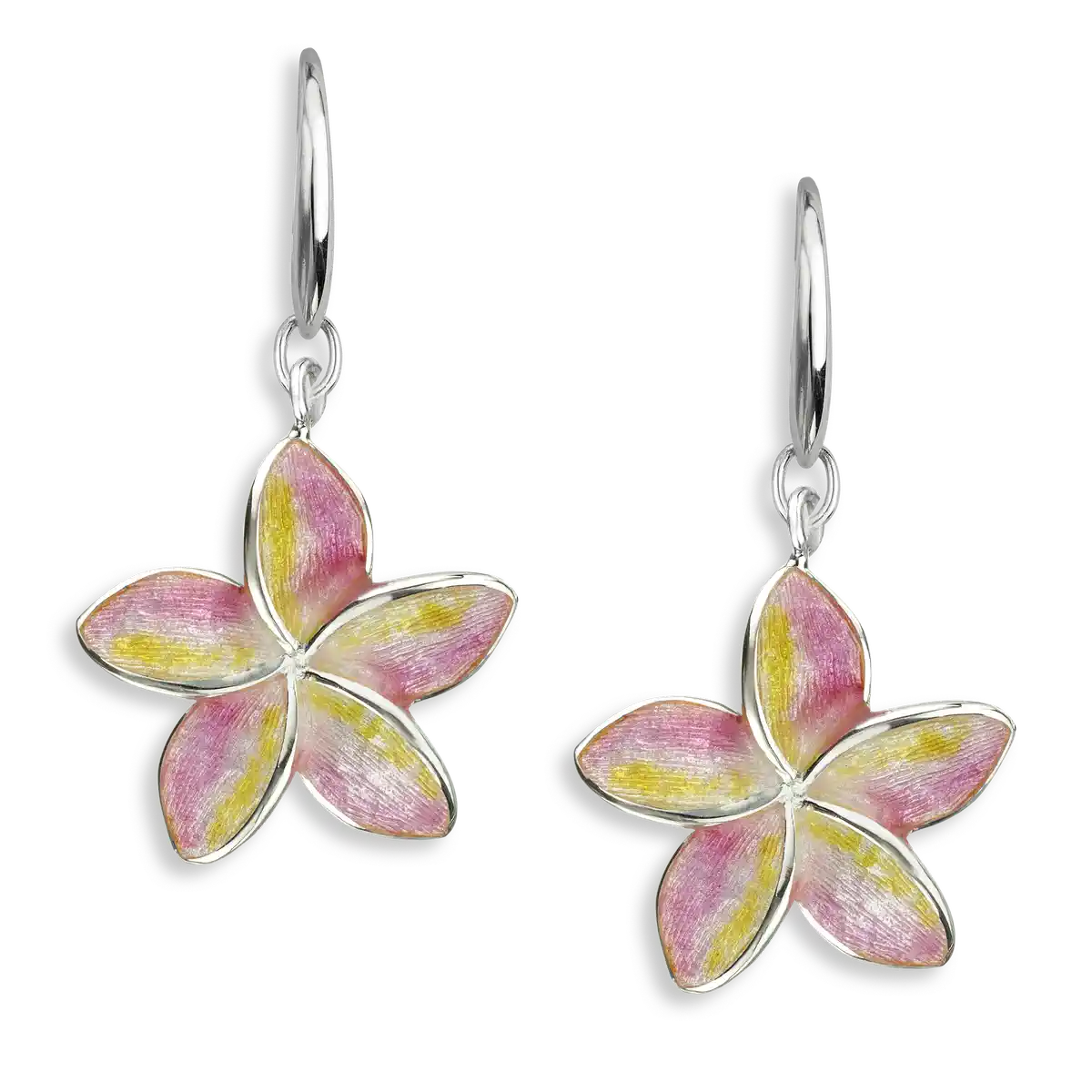 Pink Plumeria Wire Earrings. Sterling Silver