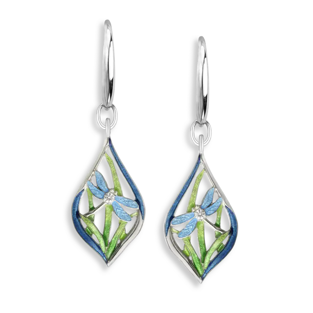 Blue Dragonfly Wire Earrings - White Sapphires. Sterling Silver