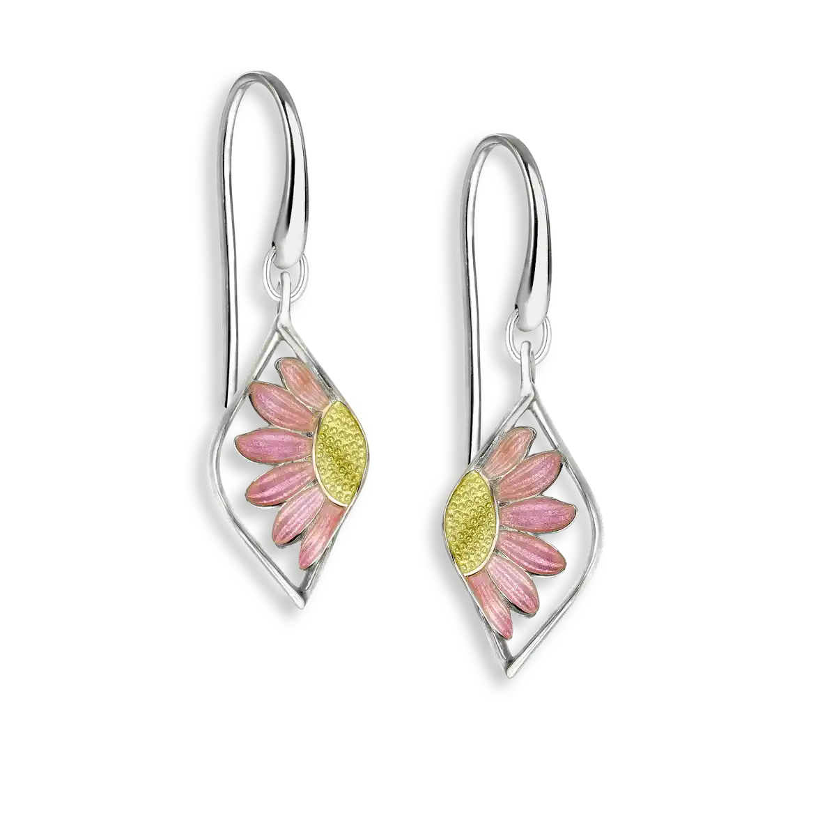 Pink Flower Wire Earrings. Sterling Silver