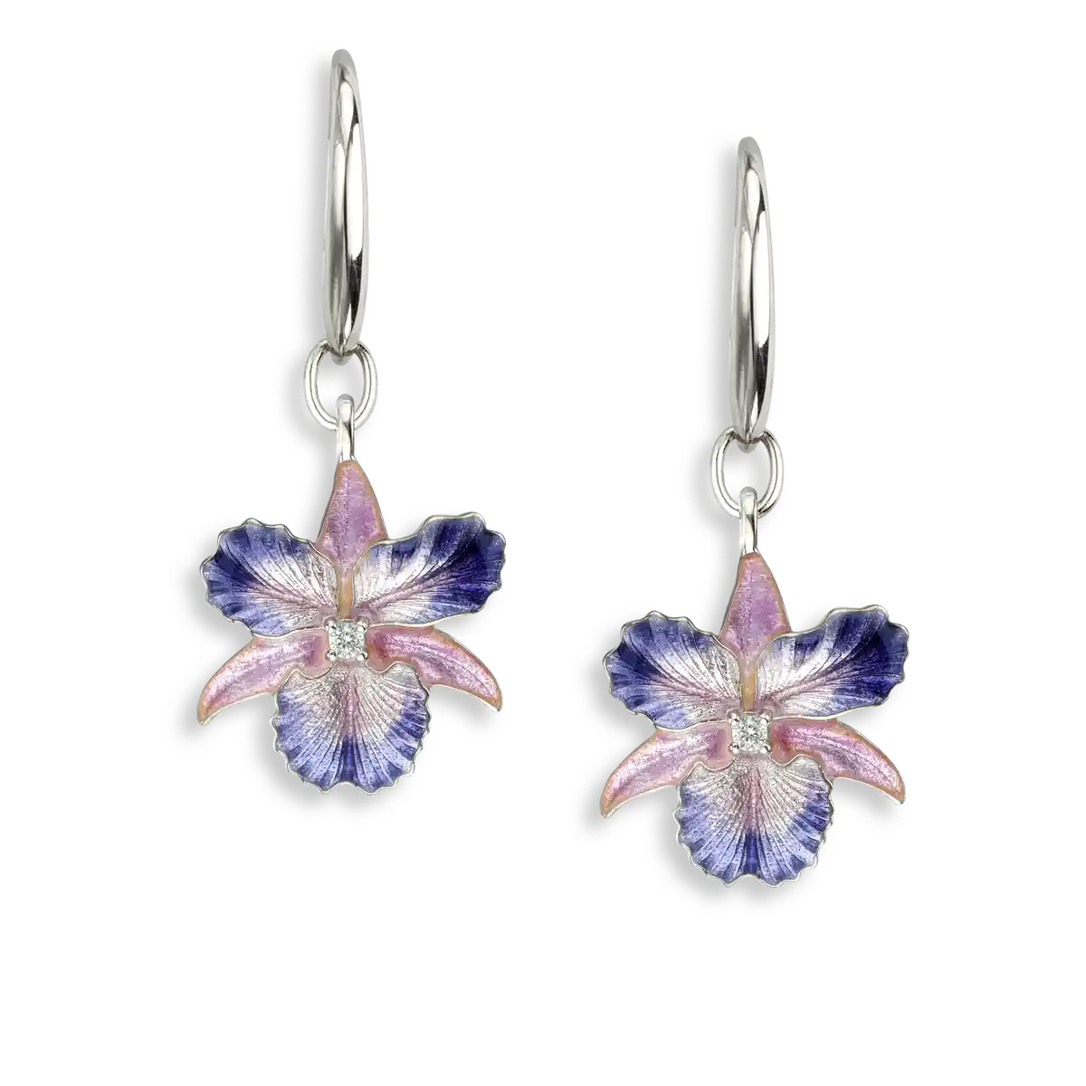 Purple-Pink Orchid Wire Earrings-White Sapphires. Sterling Silver
