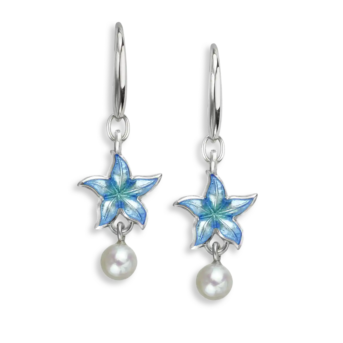 Blue Starfish Wire Dangle Earrings. Sterling Silver