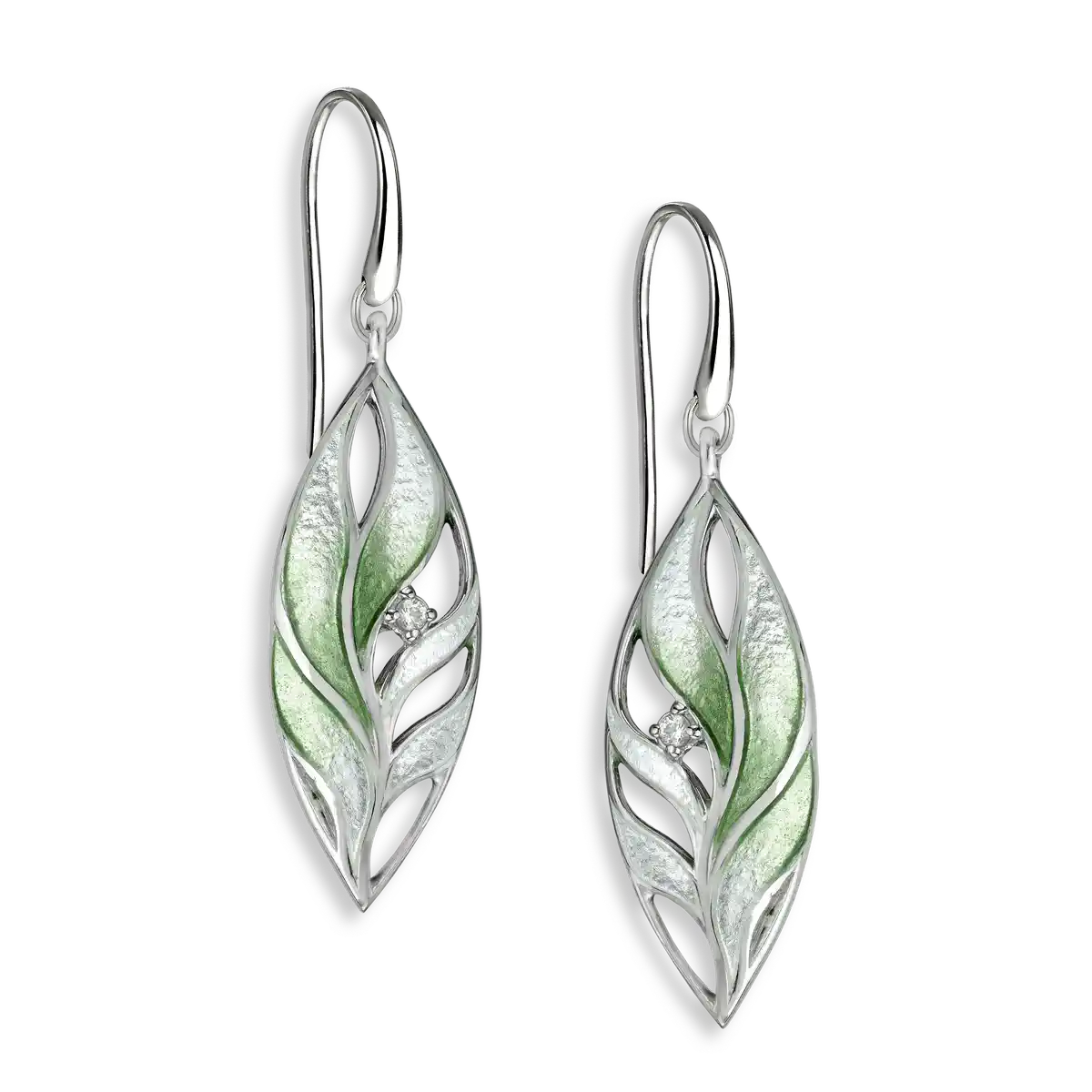 The Light Between -White & Green Nature's Breath Wire Earrings-White Sapphires.Sterling Silver. Double-Sided