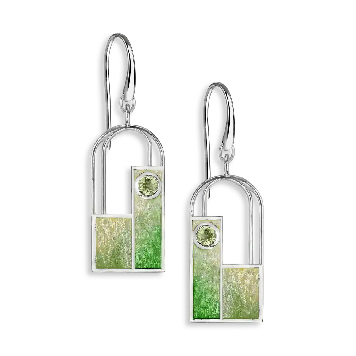 Geometry of Light -Green Archway Wire Earrings-Peridot.Sterling Silver. Double-Sided