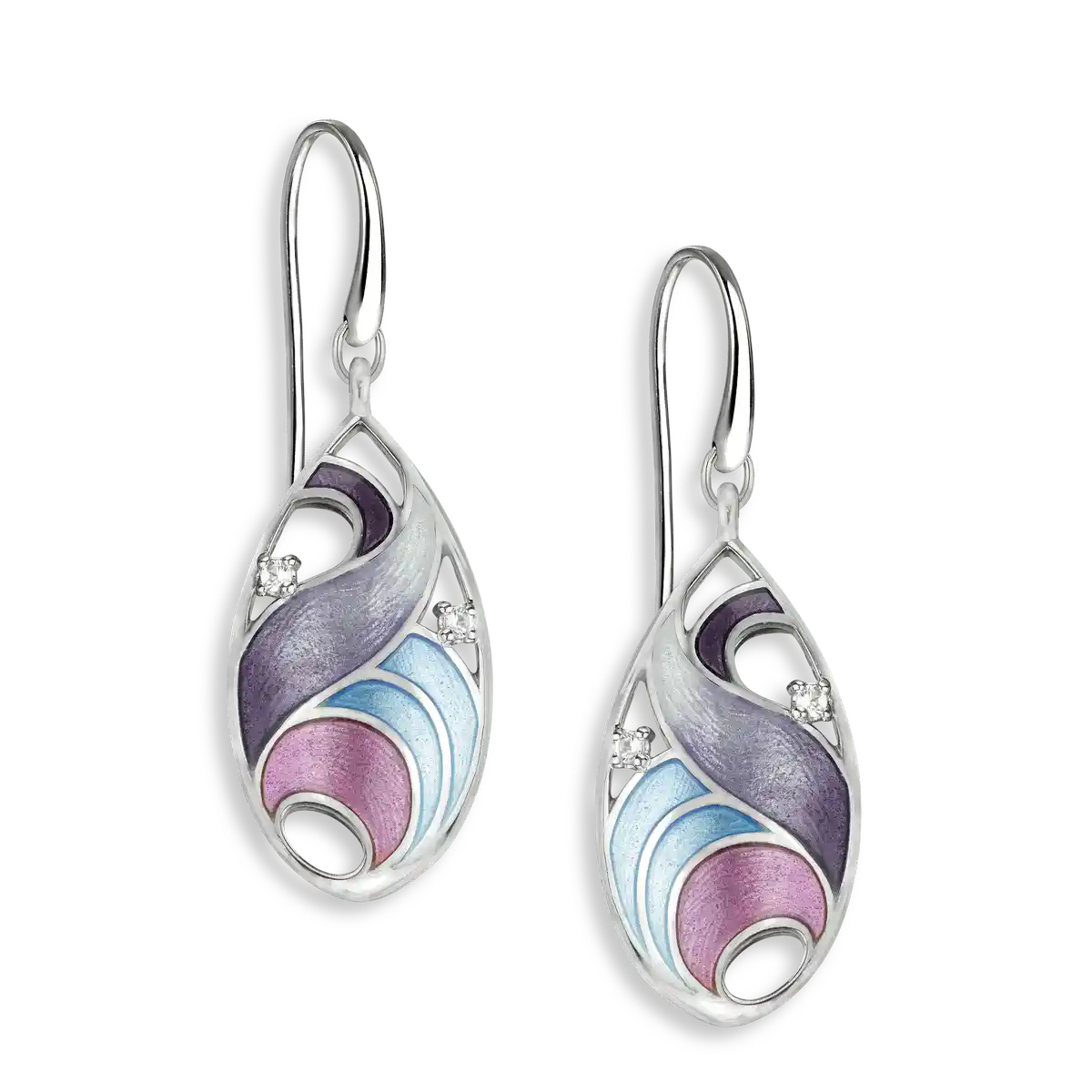 The Light Between -Blue & Pink Breeze Oval Wire Earrings-White Sapphires.Sterling Silver. Double-Sided