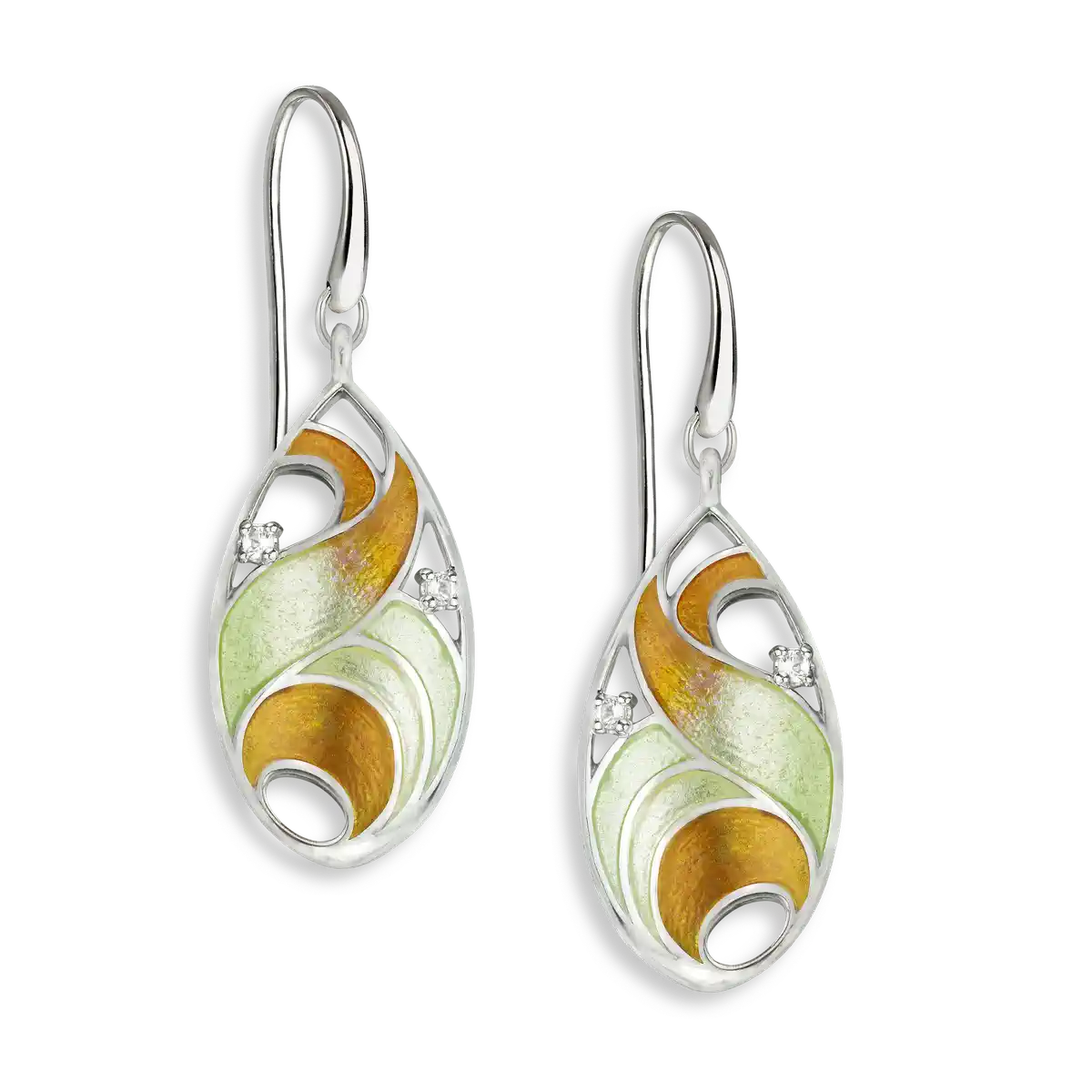 The Light Between -Yellow & Orange Breeze Oval Wire Earrings-White Sapphires.Sterling Silver. Double-Sided