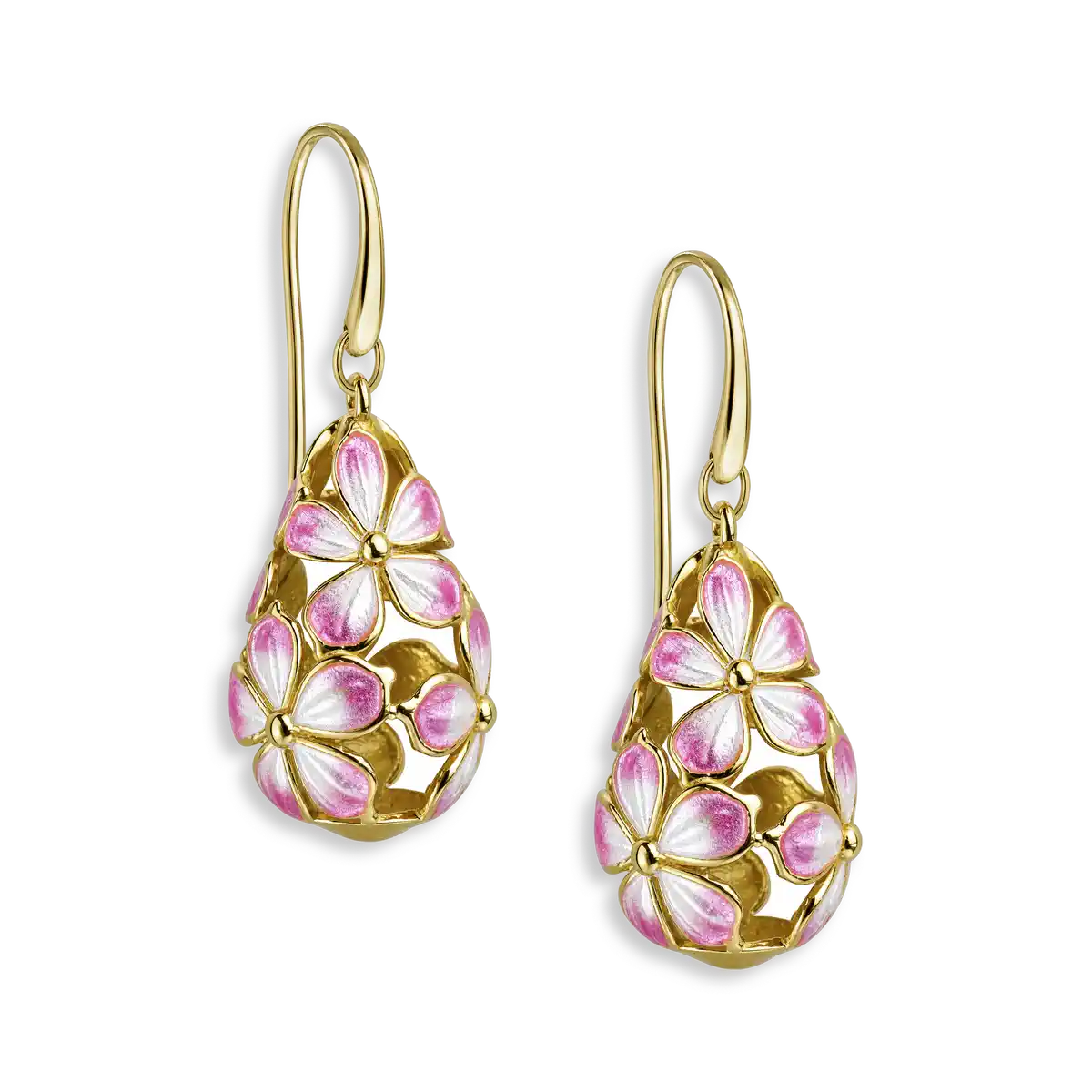 Gold Plated Sterling Silver. 20mm Beyond Blossom -White & Pink Teardrop Flower Wire Earrings.