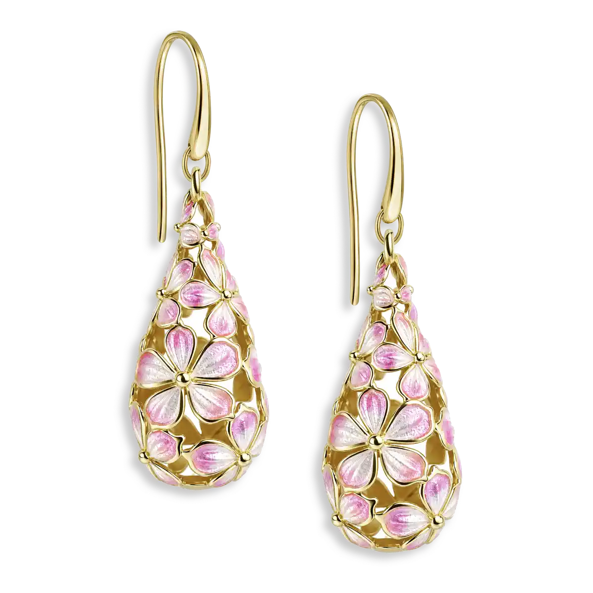 Gold Plated Sterling Silver. 25mm Beyond Blossom -White & Pink Teardrop Flower Wire Earrings.