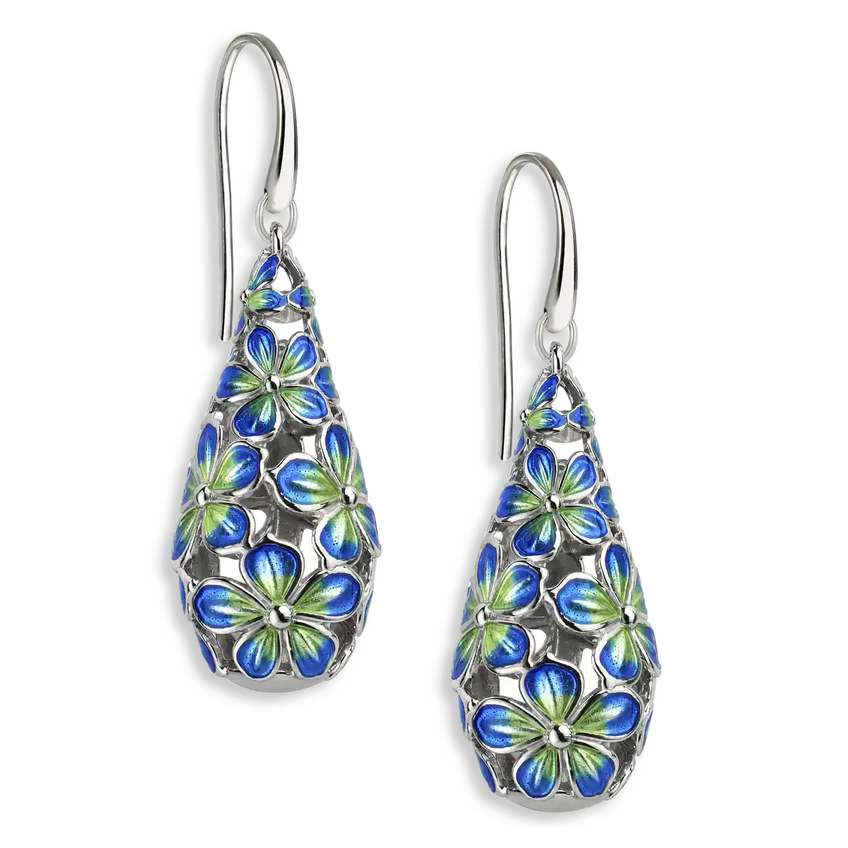 25mm Beyond Blossom -Blue Teardrop Flower Wire Earrings.Sterling Silver