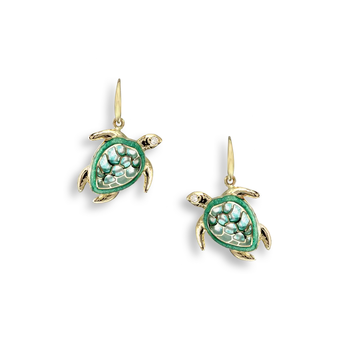 Green Plique-a-Jour Turtle Wire Earrings. 18K -Diamonds 
