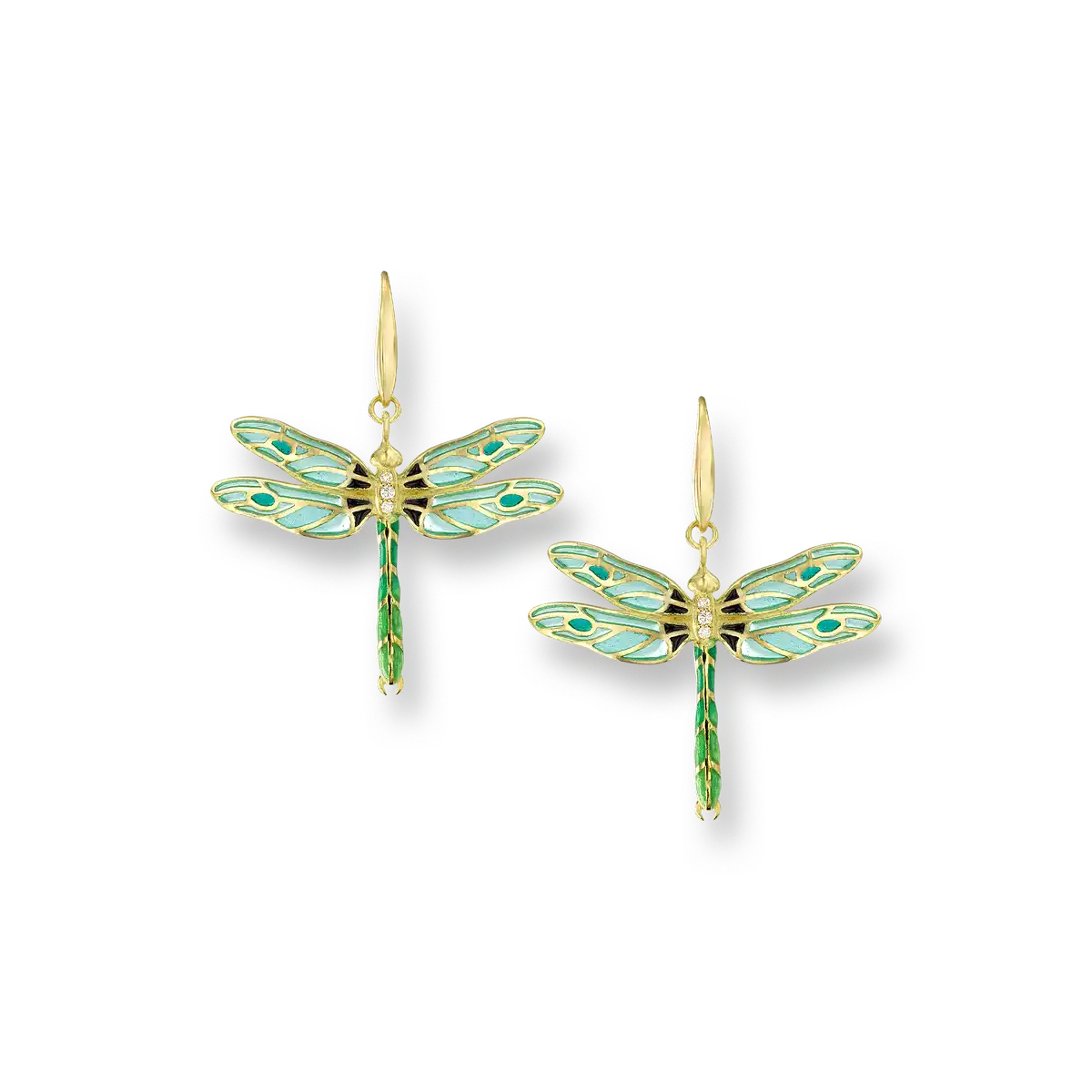 Green Plique-a-Jour Dragonfly Wire Earrings. 18K -Diamonds  