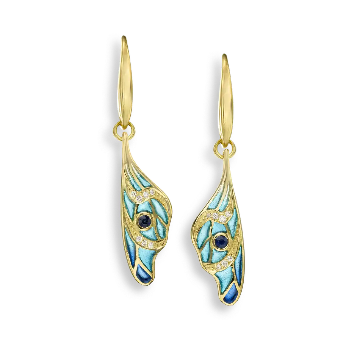Blue Plique-a-Jour Butterfly Wire Earrings. 18K -Blue Sapphires -Diamonds.  JCK Jewelers' Choice Award