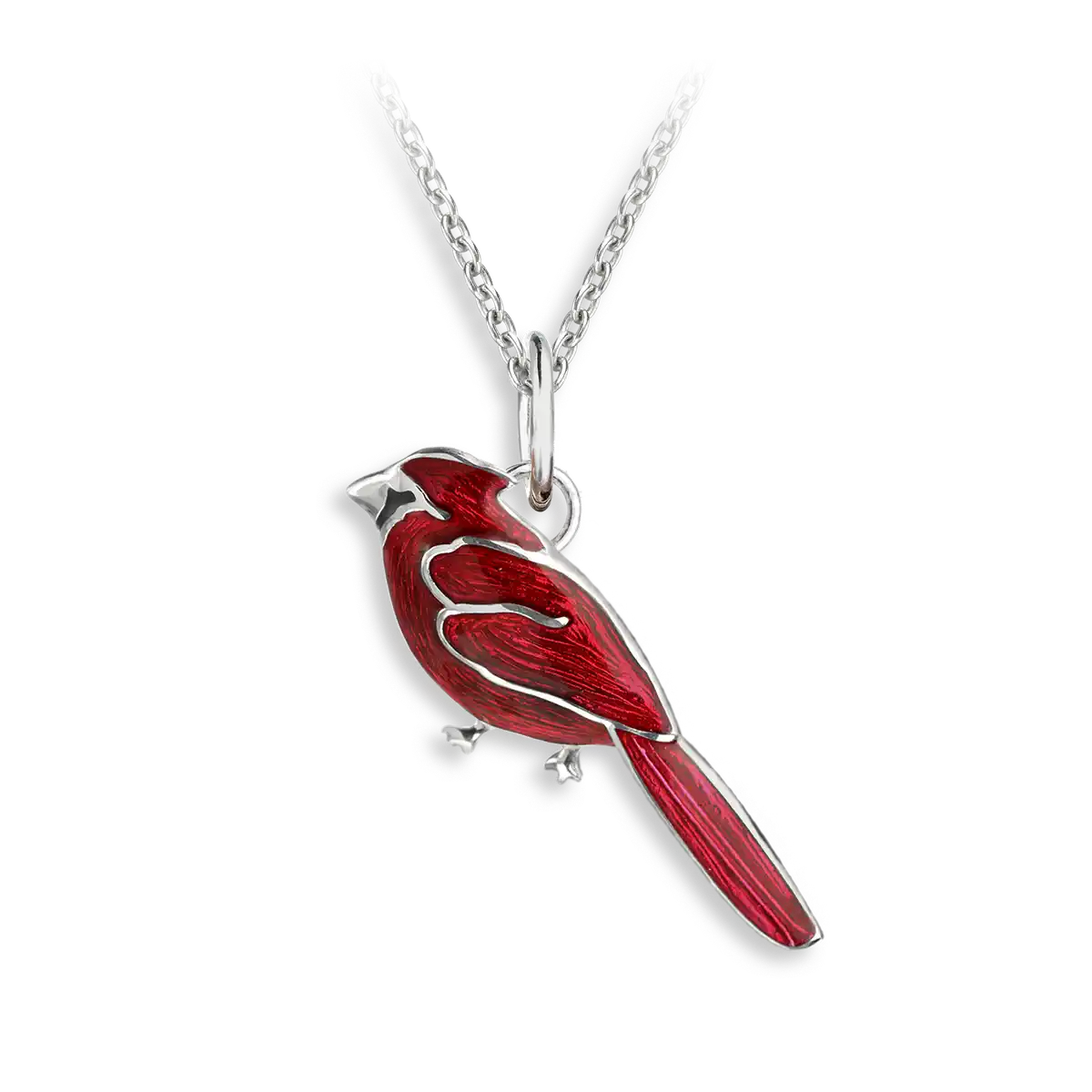 Red Cardinal Bird Necklace. Sterling Silver