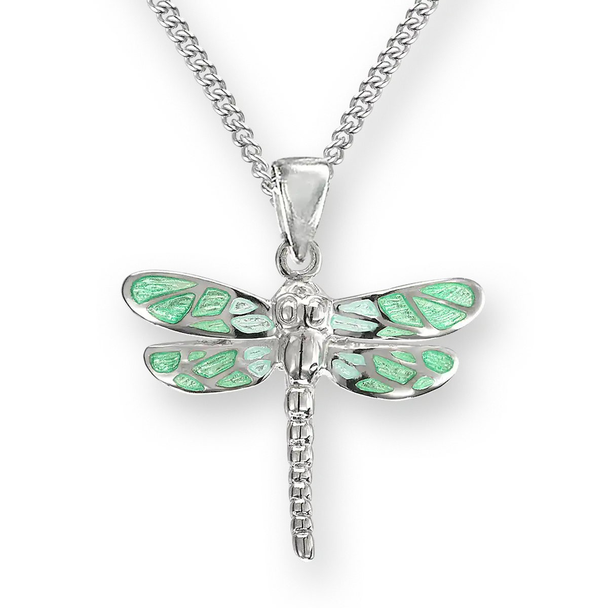 Green Dragonfly Necklace. Sterling Silver