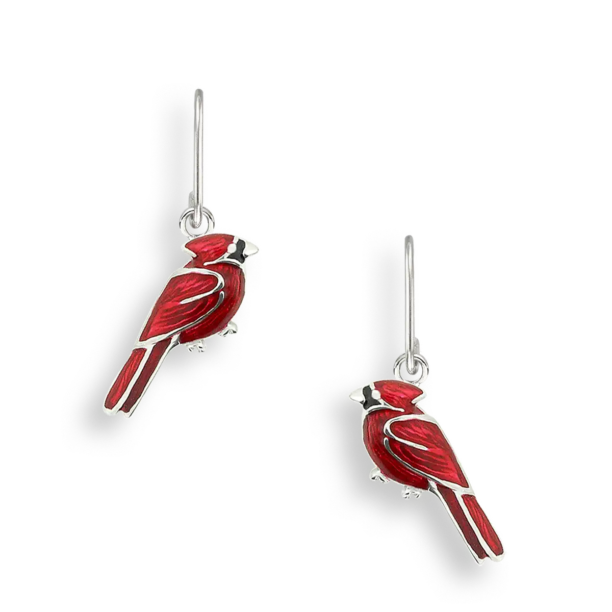 Red Cardinal Bird Wire Earrings. Sterling Silver