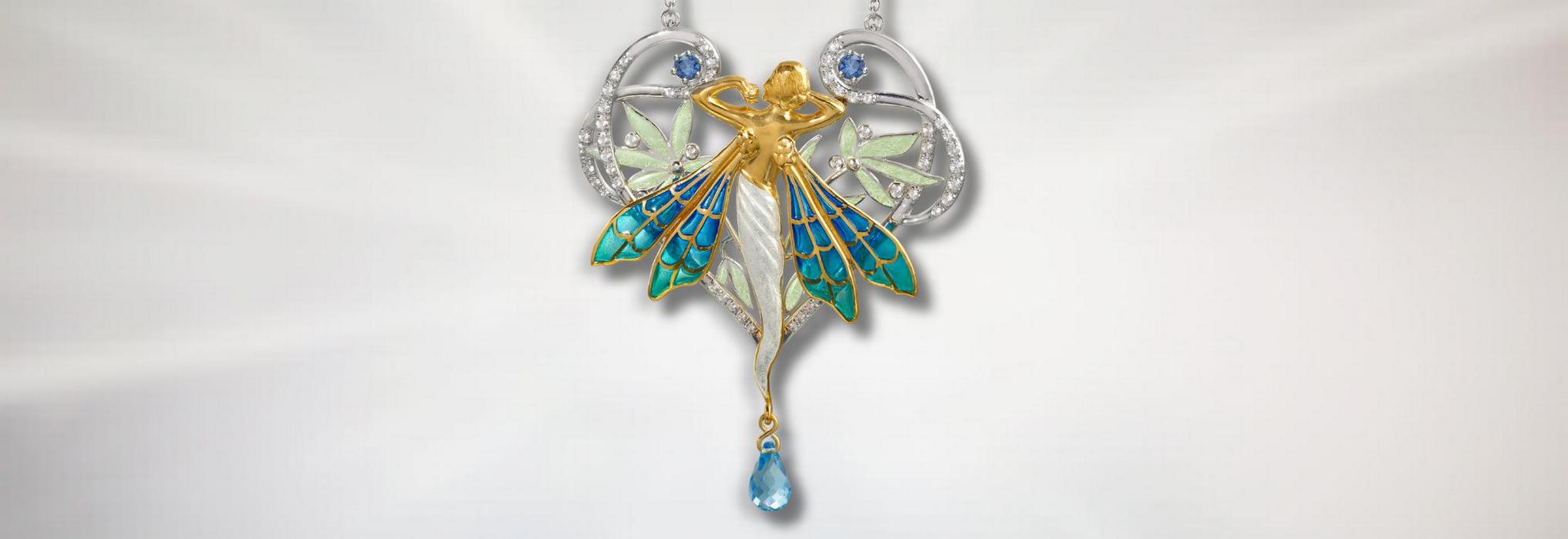 Art Nouveau Fairy Necklaces with Plique a Jour enamel